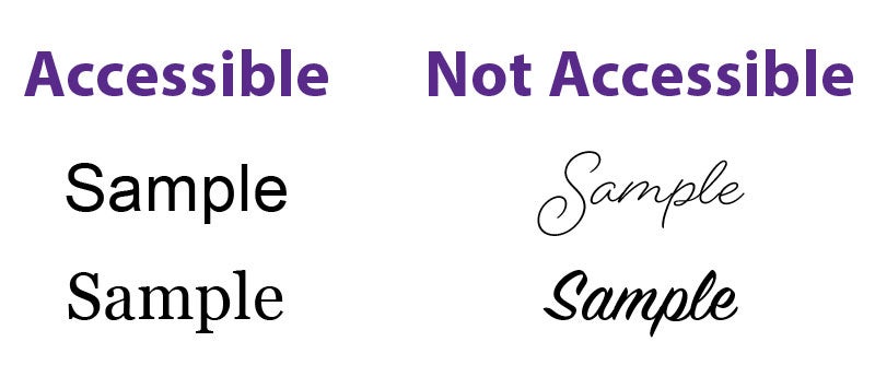 Samples of accessible fonts including a sans-serif and serif font which are easy to read and samples of two script fonts that are difficult to read and are not accessible.