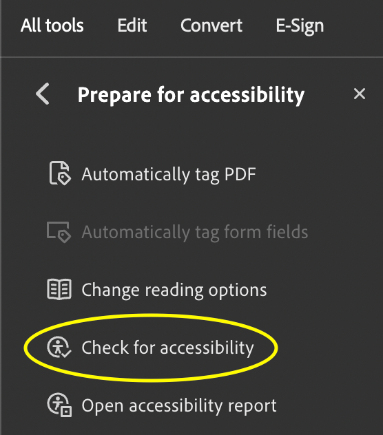 Screenshot of the Acrobat prepare for accessibility pane with the check for accessibility option circled.