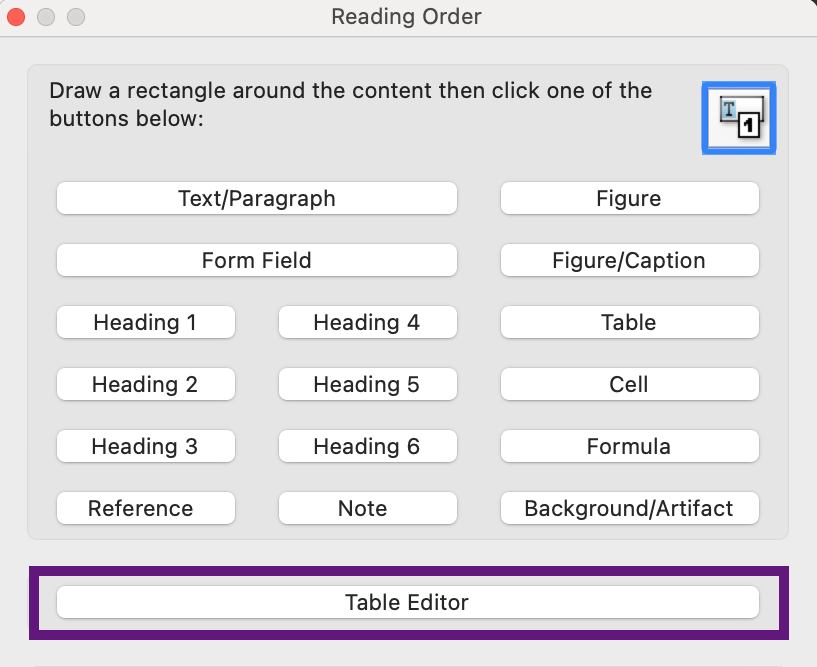 Screenshot of the Reading Order panel dialog box in Adobe Acrobat with the Table Editor button outlined in purple.