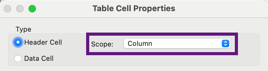 Screenshot of the Table Cell Properties dialog in Adobe Acrobat with the Scope setting outlined in purple. The scope is set to Column.