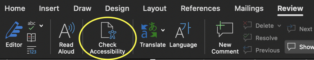 Screenshot of the Review ribbon in Microsoft Word 365 with the Check Accessibility option circled
