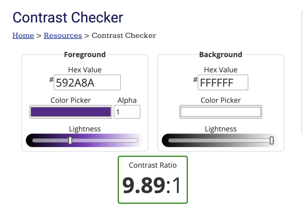 Screenshot of the WebAIM Contrast Checker with ECU purple as the foreground and white as the background, which passes contrast requirements with a ration of 9.89 to 1