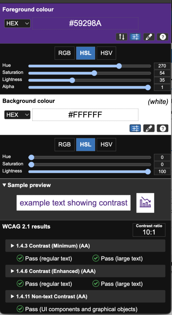 Screenshot of the TPGi Colour Contrast Analyser with ECU purple foreground and white background which passes contrast requirements with a ratio of 10 to 1