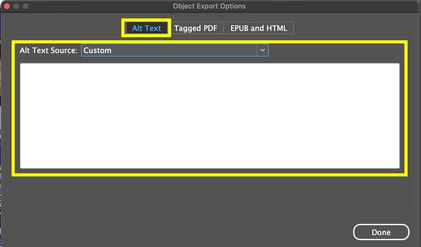 Screenshot of the Object Export Options dialog box with the Alt Text tab, Alt Text Source dropdown, and text field outlined in yellow. The Alt Text Source is set to custom.