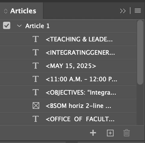 Screenshot of the Articles Panel with elements listed inside of Article 1