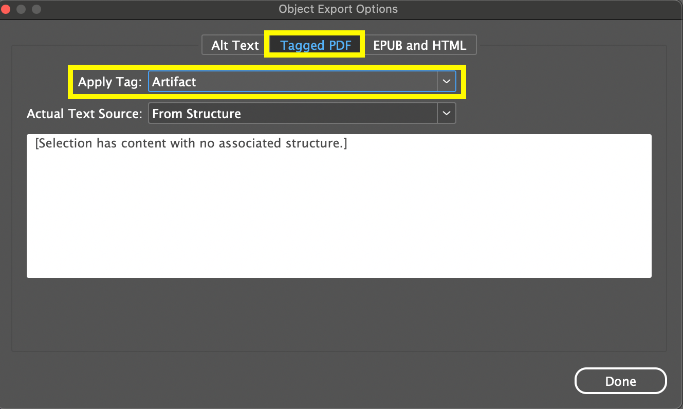 Screenshot of the Object Export Options dialog box with the Tagged PDF tab and the Apply Tag dropdown outlined in yellow. The Apply Tag is set to Artifact.