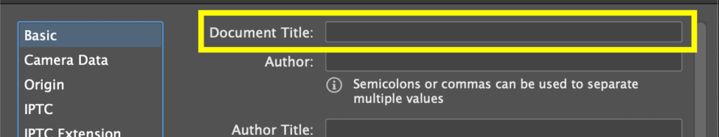 Screenshot of the File Info dialog box with the Document Title field outlined in yellow.