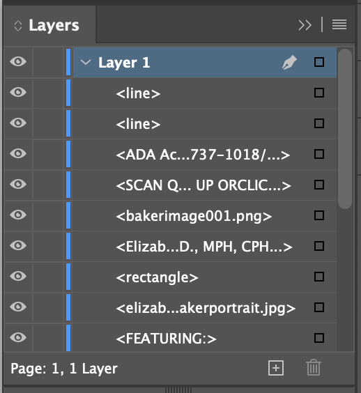 Screenshot of the Layers panel with elements listed under Layer 1