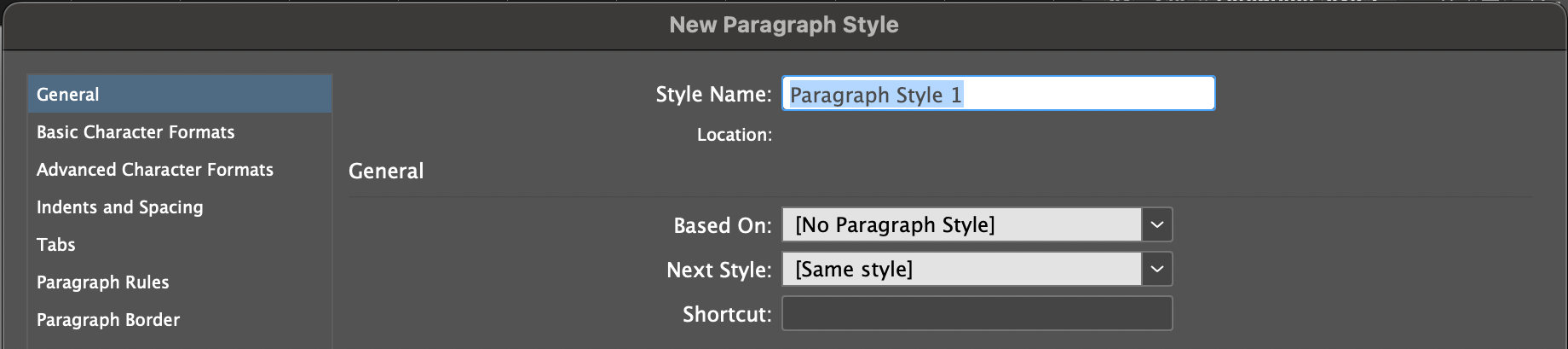 Screenshot of the New Paragraph Style dialog box