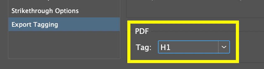 Screenshot of the Export Tagging section of the Paragraph Style dialog box with the PDF Tag section outlined in yellow. The Tag is set to H1.