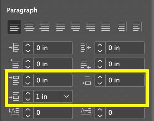 Screenshot of the Paragraph settings in the Properties panel with the space before, space after, and space between paragraphs using same style options outlined in yellow.