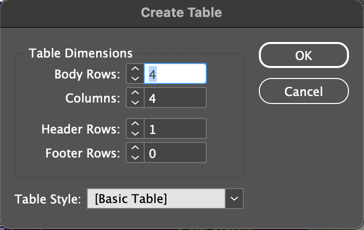 Screenshot of the Create Table dialog box