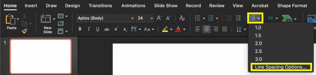 Screenshot of the Home ribbon with the Line Spacing option selected and the Line Spacing menu open. The Line Spacing icon and the Line Spacing Options menu item are outlined in yellow.