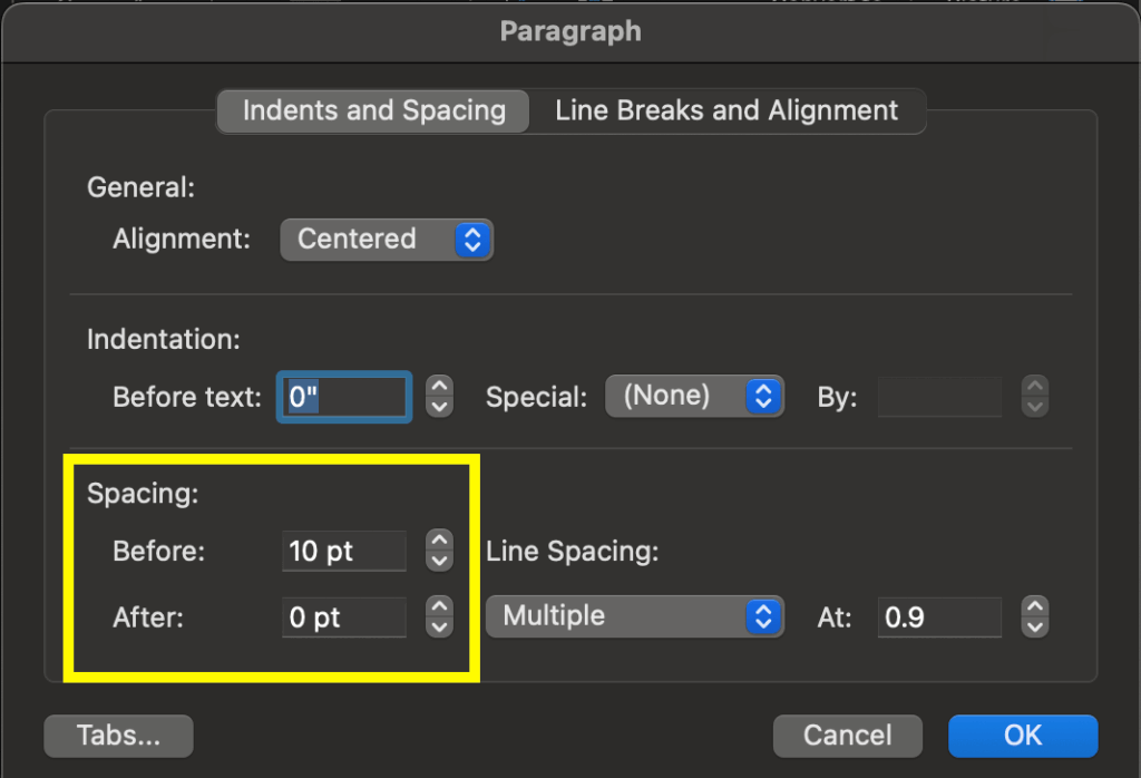 Screenshot of the Line Spacing Options dialog box with Indents and Spacing tab selected and the Spacing before and after settings outlined in yellow.