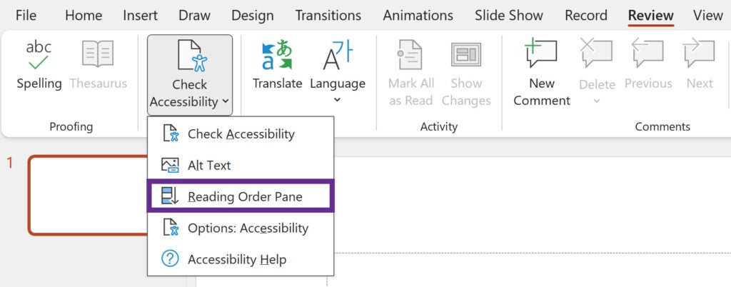 Screenshot of the Review ribbon with the Check Accessibility icon selected and the Reading Order Pane option in the menu outlined in purple.