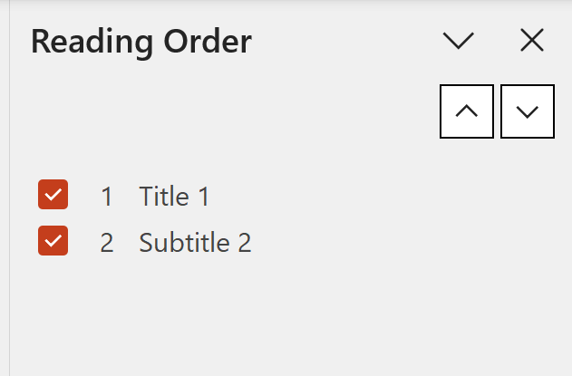 Screenshot of the Reading Order Pane containing a title and a subtitle. The title is the first element in the list, so it will be read first.