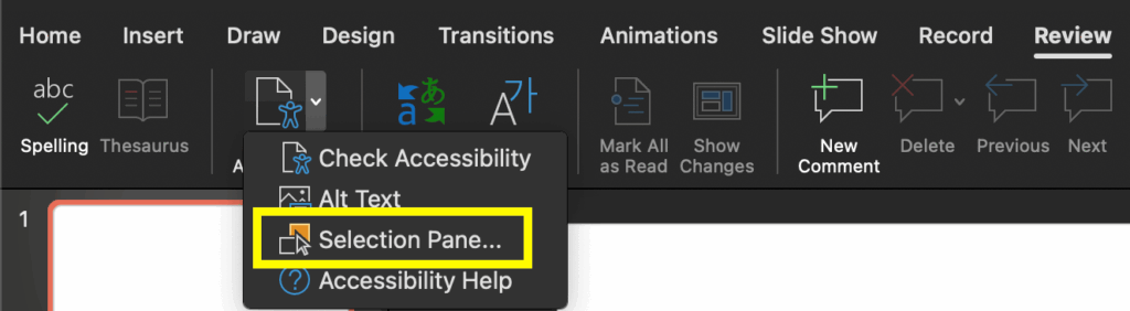 Screenshot of the Review ribbon with the Check Accessibility icon selected and the Selection Pane option in the menu outlined in yellow.