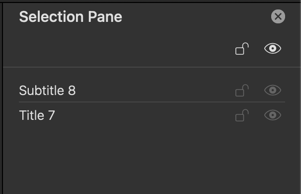 Screenshot of the Selection Pane containing a title and a subtitle. The title is the last element in the list, so it will be read first.