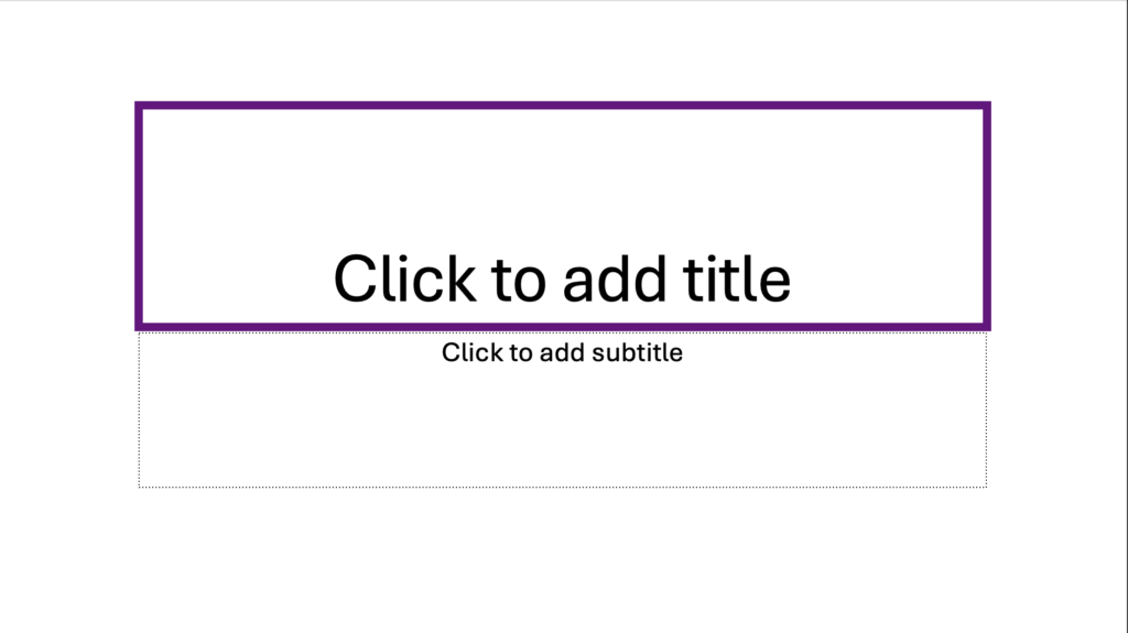 Screenshot of a title slide layout with the title text box outlined in purple and the text click to add title inside.