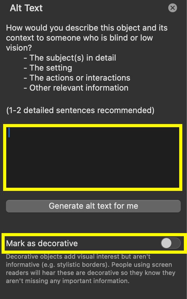 Screenshot of the alt text dialog box with the alt text field and the mark as decorative toggle outlined in yellow