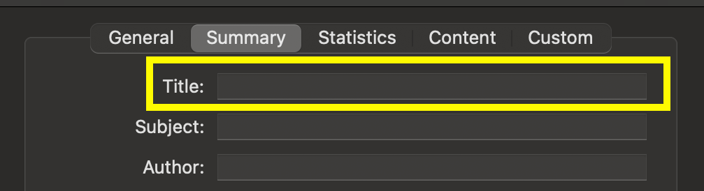 Screenshot of the Document Properties dialog box with the Summary tab active and the Title field outlined in yellow.