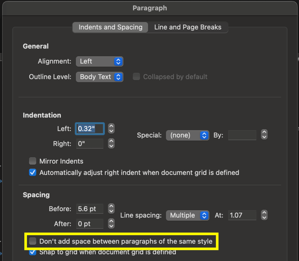 Screenshot of the Paragraph settings dialog box with the don't add space between paragraphs of the same style checkbox outlined in yellow