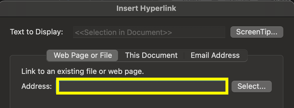 Screenshot of the Insert Hyperlink dialog bo with the Web Page or File tab active and the Address field outlined in yellow