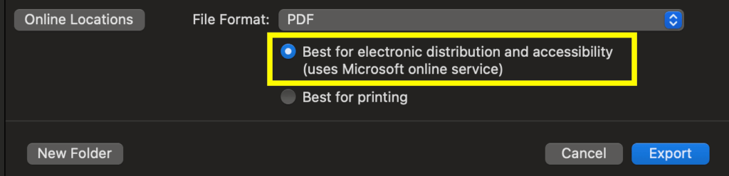Screenshot of the save as dialog on Mac with the Best for electronic distribution and accessibility option outlined in yellow