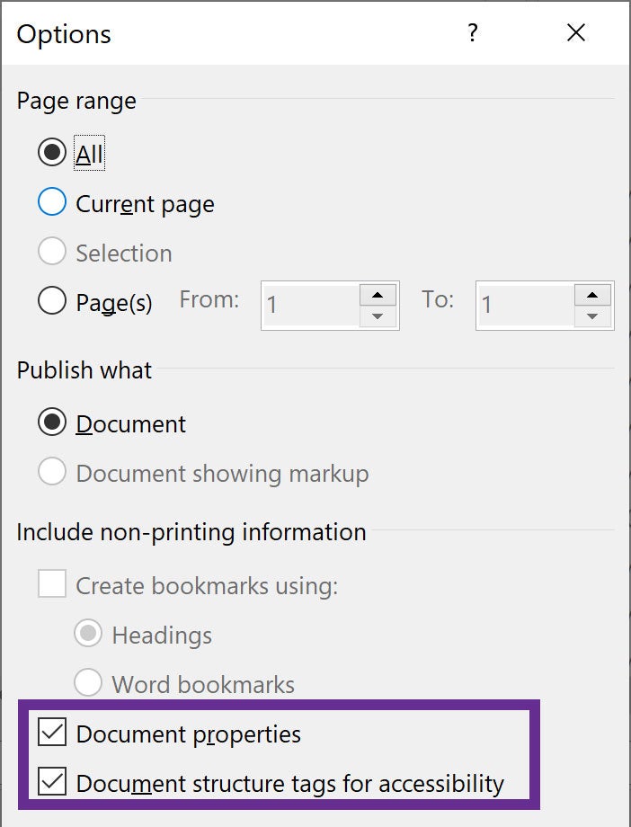 Screenshot of the Options dialog box on PC with the Document Properties and Document structure tags for accessibility checkboxes outlined in purple.