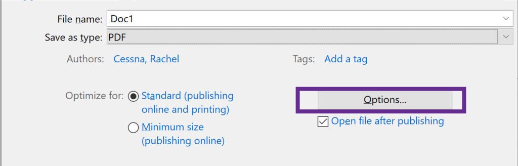 Screenshot of the More Options dialog box on PC with the Options button outlined in purple