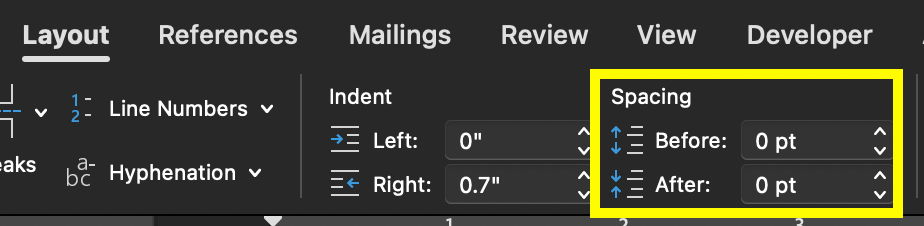 Screenshot of the Layout ribbon with the space before and space after options outlined in yellow