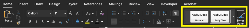 Screenshot of the Home ribbon on a Mac with the document styles and styles pane button outlined in yellow.