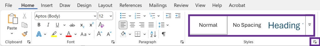 Screenshot of the Home ribbon on a PC with the document styles settings and the icon for the styles pane outlined in purple