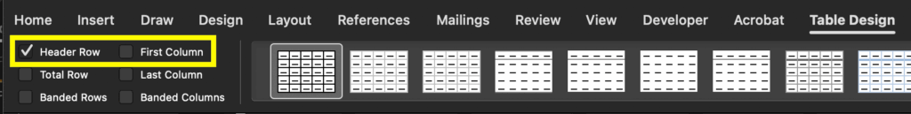Screenshot of the Table Design ribbon with the Header Row and First Column checkboxes outlined in yellow