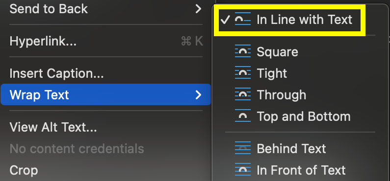 Screenshot of the Wrap Text menu with In Line with Text outlined in yellow