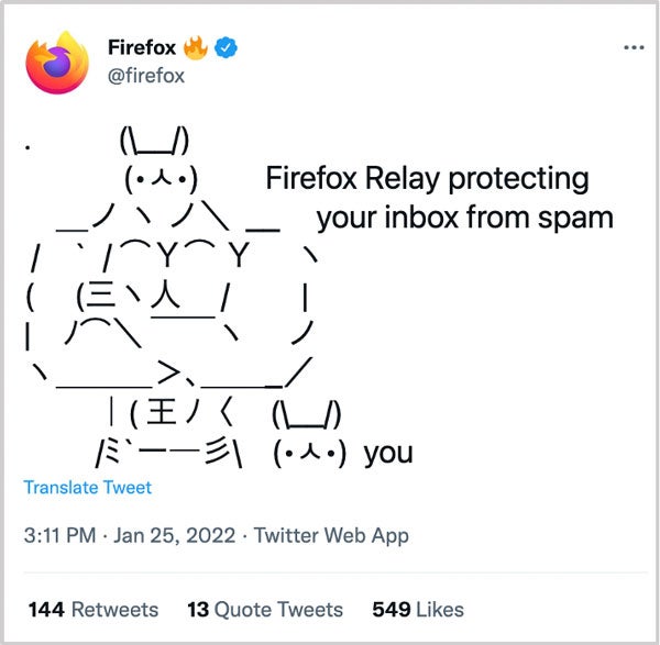 a screenshot of a tweet by the official Firefox Twitter account. The tweet contains ASCII art depicting two figures, one labeled "Firefox Relay protecting your inbox from spam" and the other labeled "you." The figure labeled as Firefox Relay is positioned above and appears to be shielding the figure labeled "you" from above, suggesting a protective action. 