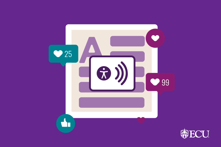 An illustration representing social media accessibility, featuring a large, central social media post on a purple background. The post displays a screen reader icon, symbolizing accessibility features for the visually impaired. Surrounding the post are various social media engagement icons, such as hearts and thumbs-up, with numbers indicating likes and other interactions, emphasizing the engagement aspect of accessible social media content.